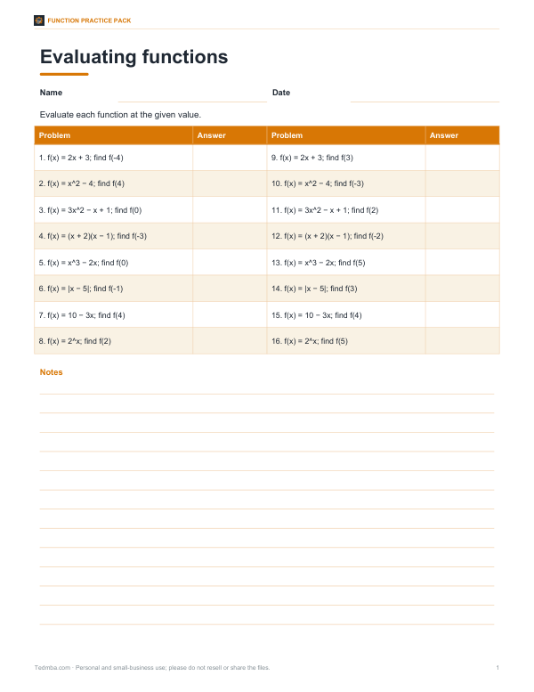 Preview of Printable Function Evaluation Worksheet